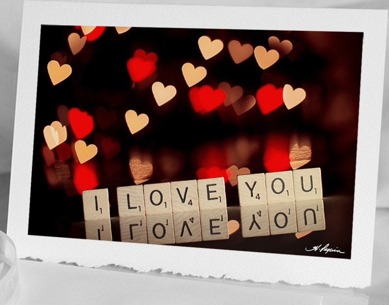 Valentine CARD Love Bokeh Photography Fine Photo Greeting Gift Blank Notecard for him or her Husband Boyfriend Heart Picture Scrabble tile I love you