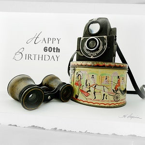 CARTE photo de Fête, Camera antique modèle Ensign 1940, Jumelle d'opéra Lemaire Paris 1910, boîte de bonbons 80 70 60 50 40ième anniversaire