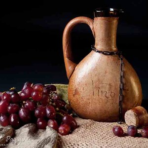 Vino nature morte, Photo, Bouteille de vin antique recouvert de cuir, bouchon de liège, raisins rouge, Décor bar cave à vin, Cadeau pour lu