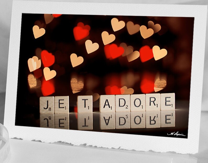 Valentine CARD Love Bokeh Photography Fine Photo Greeting Gift Blank Notecard for him or her Husband Boyfriend Heart Picture Scrabble tile Je t adore