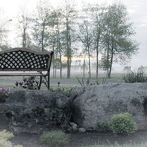Lever du soleil à Stanley Olde Maple Lane Farm Décor maison PHOTO Paysage rural Banc romantique à l'aube Art mural décoration rustique