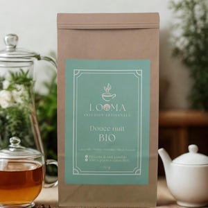 Op de afbeelding: Een rechthoekig bruin papieren zakje kruidenthee van het merk Looma met een lichtgroen etiket. Het etiket bevat een theekop-icoon, de tekst 'LOOMA INFUSION ARTISANALE', 'Douce nuit BIO' en '100% plantes naturelles', met een nettogewicht van 50 g.