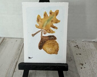 ACEO Original Painting Acorn Leaf Fall 2.5 x 3.5 Miniature Watercolor Autumn