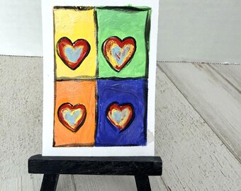 ACEO Original Painting Hearts Quad Love Colorful 2.5 x 3.5 Miniature Acrylic