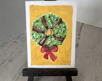 ACEO Original Painting Christmas Wreath Holidays 2.5 x 3.5 Miniature Acrylic