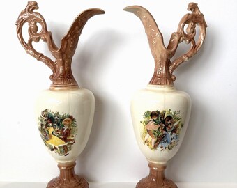 Arnels Vintage Ewer Pitcher Pair Lusterware 1978 Signed by Artist Deco 14.5"