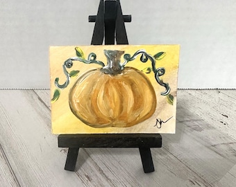 ACEO Original Painting Pumpkin Fall 2.5 x 3.5 Miniature Acrylic Holiday Autumn