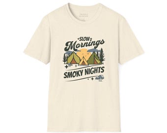 Womens Camp Tee Shirt Slow Mornings Camping Tent Sunset Short Sleeve
