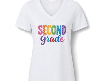 Teacher Tee Shirt Second Grade Rainbow Dots V Neck Short Sleeve Bella School