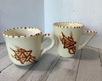 Vintage Stonewear Mugs 2 Boho Southwestern Tall Short Hand Painted Aztec Coffee