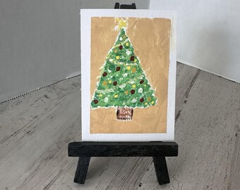 ACEO Original Painting Christmas Tree Holiday Lights 2.5 x 3.5 Miniature Acrylic