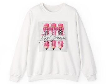 Personalized Teacher Tee Sweatshirt Patterned Pencils Pink Bows Crewneck