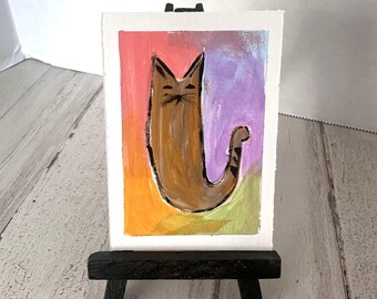 ACEO Original Painting Cat Kitty Abstract Art 2.5 x 3.5 Miniature Acrylic Whimsy