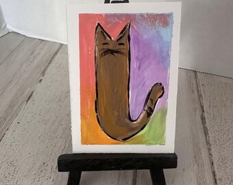 ACEO Original Painting Cat Kitty Abstract Art 2.5 x 3.5 Miniature Acrylic Whimsy