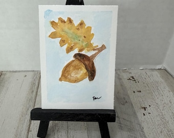 ACEO Original Painting Acorn Leaf Fall 2.5 x 3.5 Miniature Watercolor Autumn