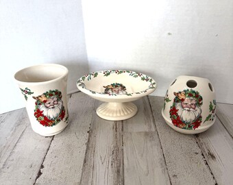 Hermitage Pottery Bath Set Vintage Santa Claus 3 Piece Set Toothbrush Soap Cup
