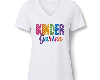 Teacher Tee Shirt Rainbow Polka Dot Kindergarten V-Neck Shirt Short Sleeve