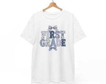 Teacher Tee Shirt FIRST GRADE Blue Floral Short Sleeve Cotton Back To School