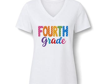 Teacher Tee Shirt Fourth Grade Polka Dot Rainbow Short Sleeve V Neck School