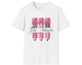 Personalized Teacher T Shirt Pink Pencil Bows Trio Script Short Sleeve Cotton