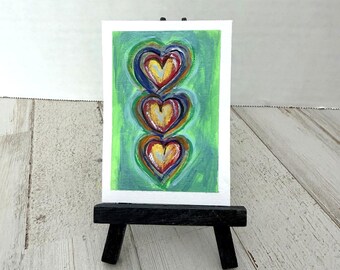 ACEO Original Painting Stacking Hearts Love Colorful 2.5 x 3.5 Miniature Acrylic