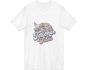 Teacher Tee Shirt Cool Teacher Vibes Retro Rainbow Bird Short Sleeve V Neck