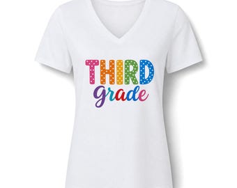 Teacher Tee Shirts Third Grade Polka Dot Rainbow School V Neck Short Sleeve