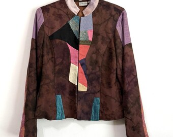 Chicos Patchwork Jacket 0 Small Tapestry Lined Silk Blend Blazer Hook Eye Party