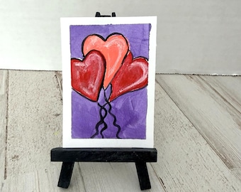 ACEO Original Painting Hearts Balloons Valentines 2.5 x 3.5 Miniature Acrylic