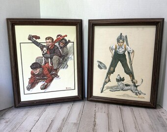 Norman Rockwell Wood Framed Prints: Boys on Sled, Stilts (Set of 2)