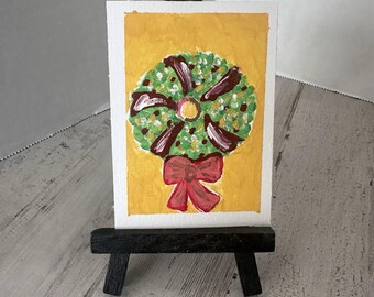 ACEO Original Painting Christmas Wreath Holidays 2.5 x 3.5 Miniature Acrylic