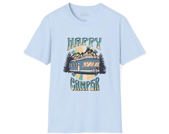 Happy Camper Womens T-Shirt Retro Campervan Mountain Sunset Short Sleeve