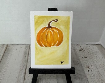 ACEO Original Painting Pumpkin Fall 2.5 x 3.5 Miniature Watercolor Autumn
