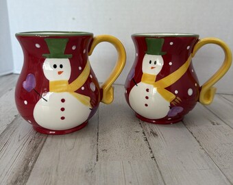 Pier 1 Imports Mugs 2 Snowball Snowman Hand Painted Dolomite Christmas Cup Cocoa