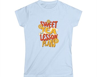 Teacher Tee Shirt Sweet Tea and Lesson Plans V Neck Short Sleeve Back To School