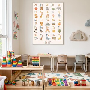 Könnte beinhalten: Ein rechteckiges Wandposter mit dem Alphabet von Aa bis Zz, wobei jeder Buchstabe von einer kleinen, farbenfrohen Illustration eines Objekts oder Tieres begleitet wird, wie etwa einem Apfel, Bären, einer Katze, einem Dinosaurier und einem Elefanten.
