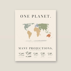 May include: A poster featuring a world map with continents in muted colours on a cream background. The text reads ONE PLANET. MANY PROJECTIONS. Below, five smaller grayscale world map variations are labelled Rectangular, Mercator, Robinson, Winkel Tripel, and Equal Earth.
