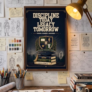 Könnte beinhalten: Ein gerahmtes Poster mit dunkelblauem Hintergrund, das den Text DISCIPLINE TODAY LEGACY TOMORROW und FOCUS. COMMIT. SUCCEED. zeigt. Über einem zentralen Wappen liegt eine Doktorhut auf drei gestapelten Büchern mit der Aufschrift MIND, EFFORT, EXCELLENCE.
