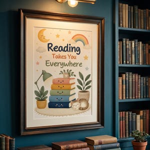 Peut inclure: Une affiche encadrée avec le texte Reading Takes You Everywhere, illustrée par une pile de cinq livres souriants, un chat endormi, une lampe de bureau, une plante en pot, un croissant de lune, des étoiles et un arc-en-ciel sur fond crème.