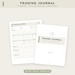 May include: A printable trading journal document featuring a cover page with the text TRADING JOURNAL A Disciplined Log for Setups, Risk, R Multiples & Review and a second page with fields for date, market, trade type, setup, and performance notes.