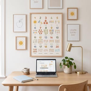 Peut inclure: Une grande affiche éducative murale présentant les nombres de un à vingt, chacun accompagné d'illustrations colorées de soleils, oiseaux, pommes, fleurs, étoiles, ballons, fraises, feuilles, crayons, cœurs, arbres, cupcakes, papillons et bougies.