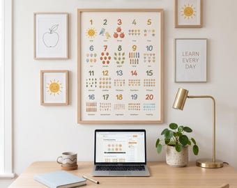 May include: A large educational wall poster featuring numbers one through twenty, each paired with corresponding colorful illustrations of suns, birds, apples, flowers, stars, balloons, strawberries, leaves, crayons, hearts, trees, cupcakes, butterflies, and candles.