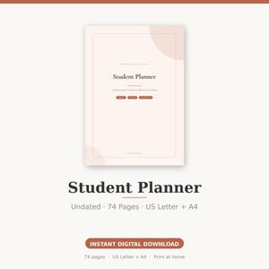 Könnte beinhalten: Ein druckbares Studentenplaner-Dokument mit einem hellbeigen Einband und dunkelbraunem Text, der Student Planner, Undated Academic Planner for High School & College, 74 Pages und US Letter + A4 lautet. Das Design enthält weiche, abgerundete Formen.