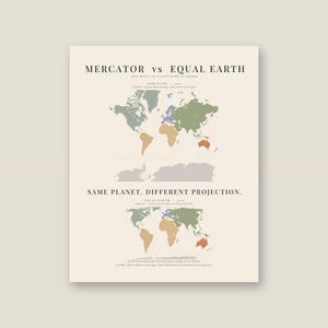 Puede incluir: Un póster educativo de color crema titulado MERCATOR vs EQUAL EARTH. Muestra dos mapas mundiales que comparan proyecciones con continentes en tonos verde, azul, naranja y rojo. El texto incluye SAME PLANET. DIFFERENT PROJECTION. y notas descriptivas.