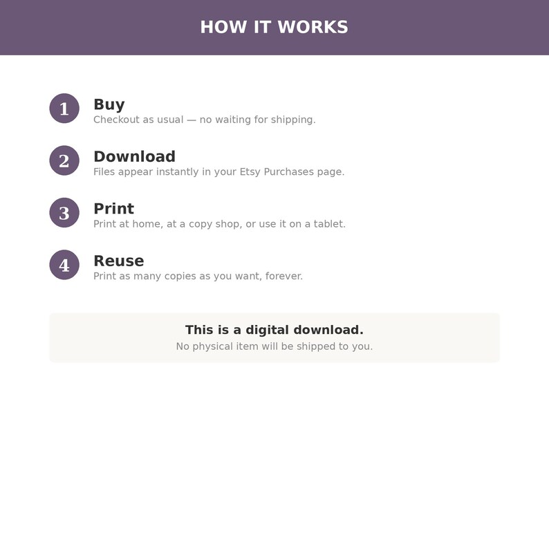 May include: A digital download instruction graphic with a purple header titled HOW IT WORKS. It lists four steps: 1 Buy, 2 Download, 3 Print, and 4 Reuse, each with descriptive text. A bottom box states: This is a digital download. No physical item will be shipped to you.