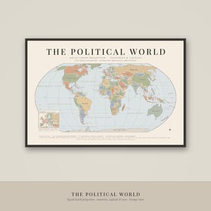 May include: A framed wall map titled The Political World, featuring an Equal Earth projection with muted pastel colours for countries, a light blue ocean background, and a detailed Europe inset map in the lower left corner with text labels.