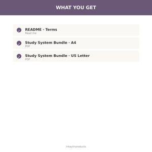 May include: A digital file list titled WHAT YOU GET with a purple header. It includes three items: README Terms, Study System Bundle A4 PDF, and Study System Bundle US Letter PDF. Each item has a circular checkmark icon. The text inkaylinproducts is at the bottom.