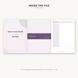 May include: A digital study system bundle featuring three pages with light purple accents. The first page displays the text Study System Bundle, the second shows Cornell Notes 01, and the third is a Cornell notes template. Text states Every page printed at 100% on US Letter or A4.