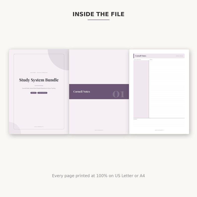 May include: A digital study system bundle featuring three pages with light purple accents. The first page displays the text Study System Bundle, the second shows Cornell Notes 01, and the third is a Cornell notes template. Text states Every page printed at 100% on US Letter or A4.