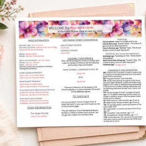 Könnte beinhalten: Ein gedrucktes Informationsblatt für die Kirche Jesu Christi der Heiligen der Letzten Tage mit einem floralen Kopfbereich. Das Dokument enthält Abschnitte für Gemeindeinformationen, Pfahlkonferenzen, Technologie-Ressourcen und gängige Abkürzungen.